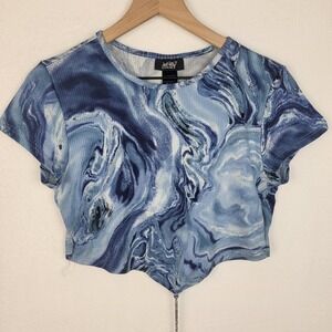 Just Polly New York Blue Marble Ribbed Crop Top Handkerchief Hem Chain Detail XL